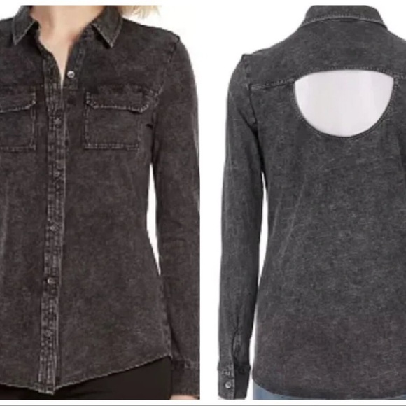 Rock & Republic Black Distressed Long Sleeve Top with Cut Out Back Detail - Picture 1 of 5